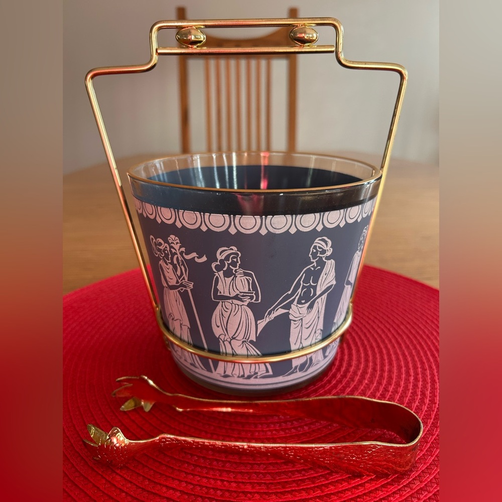 VTG Romanesque glass ice bucket with tongs, gold trimmed